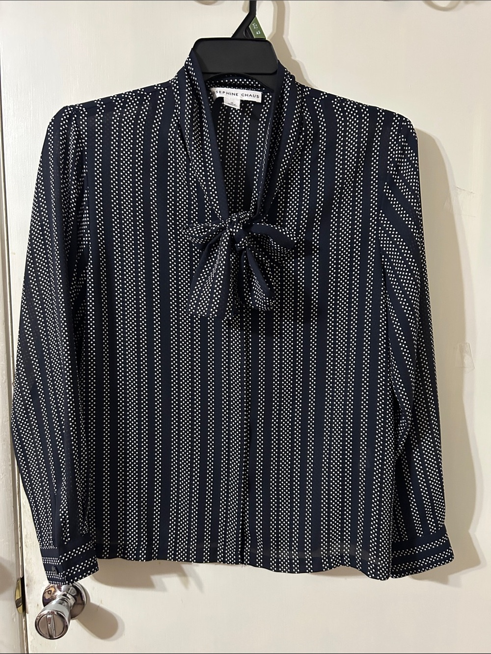 Vintage Josephine Chaus Navy Blue Blouse with White Vertical Polka Dot Patterns.